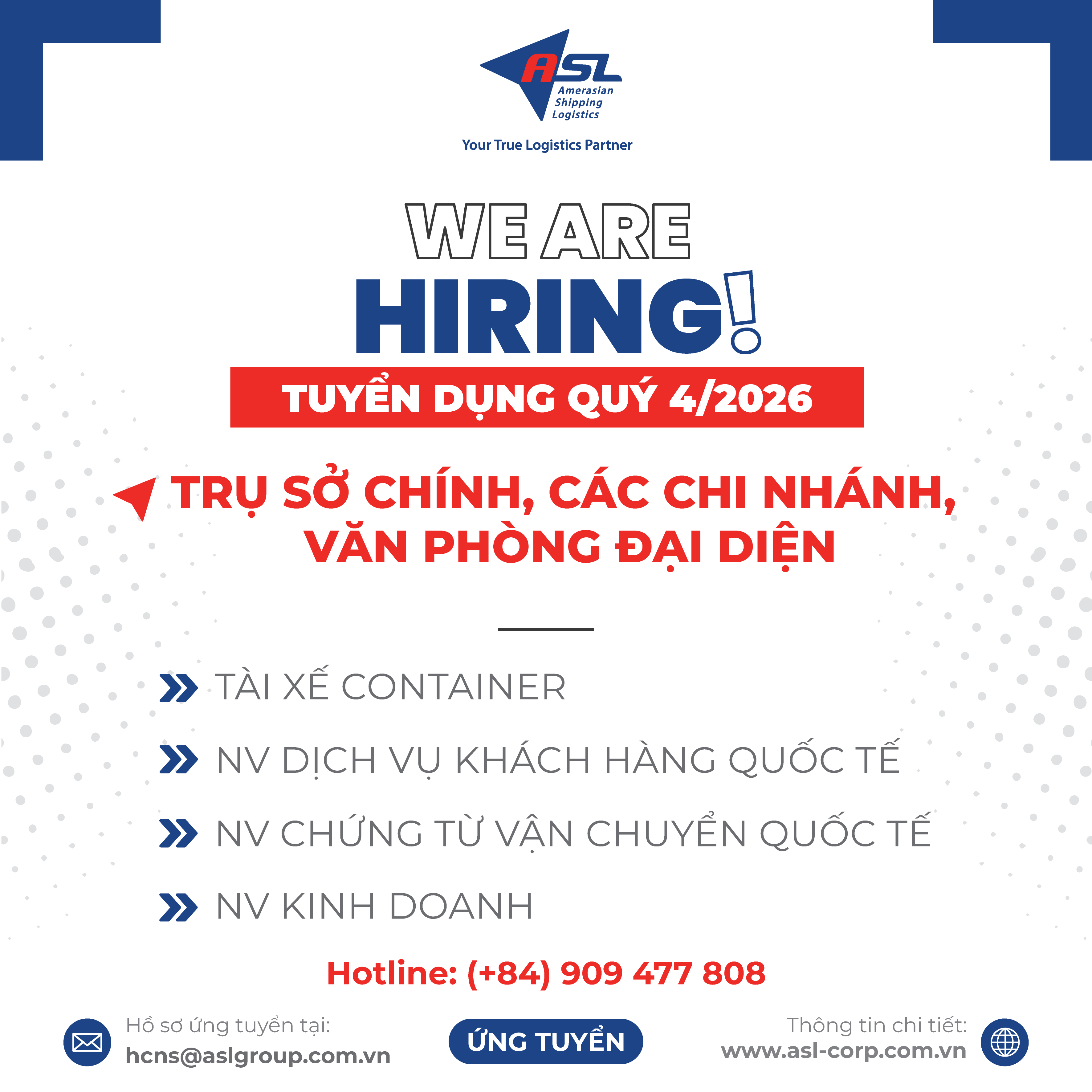 ASL LOGISTICS THÔNG BÁO TUYỂN DỤNG QUÝ 04 - 2026